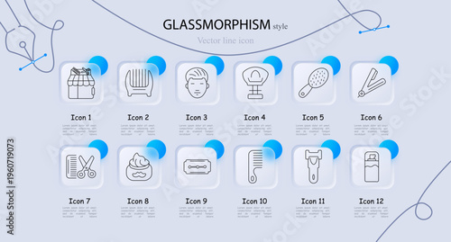 Beauty grooming tools salon set icon. Line symbols with cosmetic jar brush, hair comb, hairstyle head, makeup mirror, hairbrush, hair straightener, scissors haircut, shaving razor, cream jar