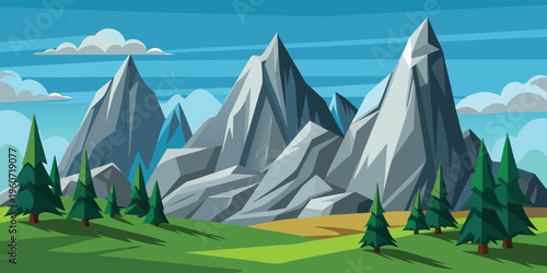 A scenic digital illustration of sharp jagged mountain peaks rising above a vibrant green forest