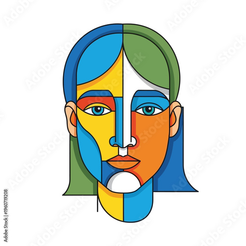 Abstract Cubist Portrait of a Woman's Face with Geometric Shapes and Vibrant Colors