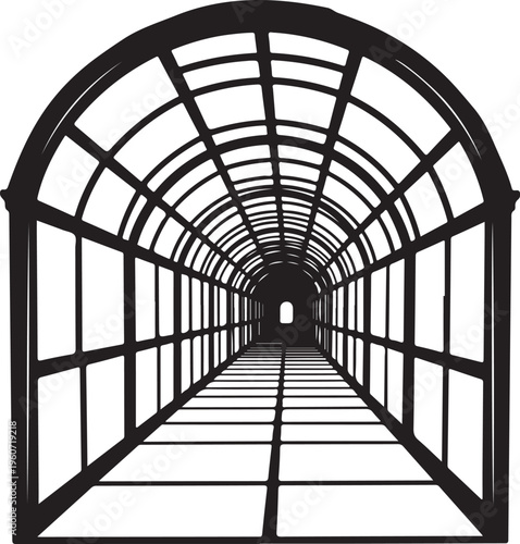 Black and white illustration of a long tunnel corridor
