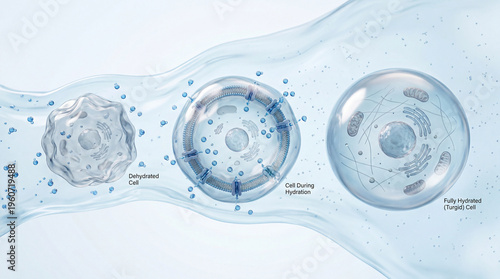 Cellular journey from dehydration to vibrant full hydration, showcasing vital membrane channels and water transport for life