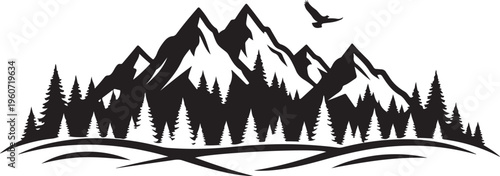 Mountain range landscape, silhouette mountains, pine forest vector, black and white illustration