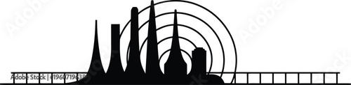 Black silhouette of a futuristic city skyline with radiating concentric arcs