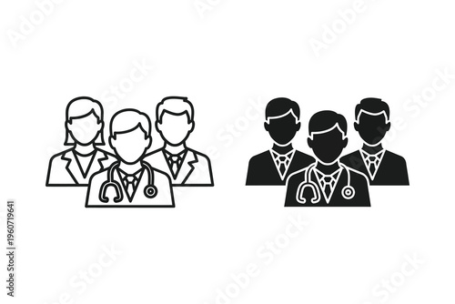 Medical Team Icon Set: Doctors in Outline and Solid Styles for Healthcare Representation