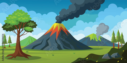 A vibrant digital illustration of a volcanic eruption set against a bright blue cloudy sky scene
