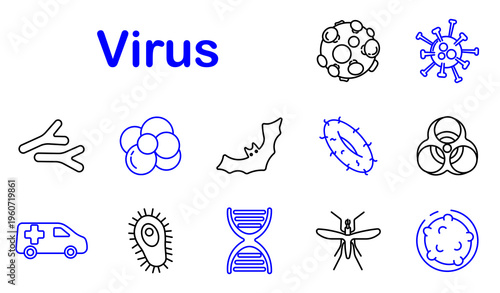 Virus microbiology set icon. Line style icons display virus cell, bacteria form, molecular shape, infected particle, biohazard sign, ambulance transport, microbe cell, dna strand, mosquito carrier