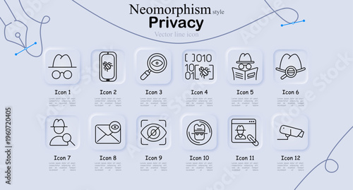 Privacy set icon. Hat glasses disguise, phone virus, magnifier eye, binary scan, spy reading, hidden mask, user search, email tracking, hidden camera, system monitoring line icons