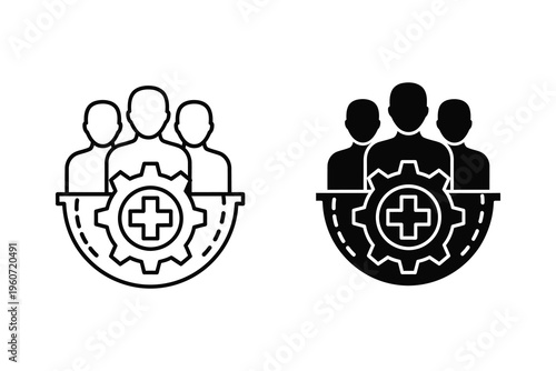 Healthcare Team Management Icon - Outline and Solid Medical Staff with Cross Gear Symbol