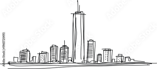 Sketch drawing of a modern cityscape with tall skyscrapers and buildings on transparent background