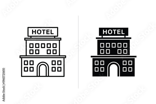 Hotel Building Icon Set - Outline and Solid Hospitality Travel Accommodation Symbol, Lodging