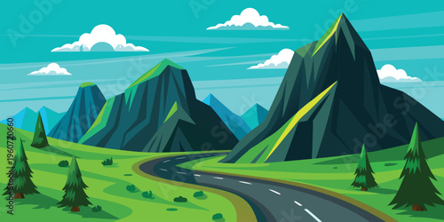 A scenic winding road through a lush green valley surrounded by majestic jagged mountain peaks