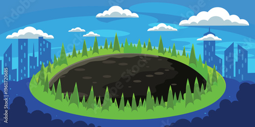 An illustration of a dark circular crater surrounded by a green forest and modern city buildings