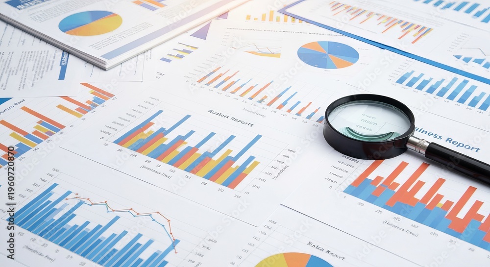 Fototapeta premium Business Data Paperwork with Bar Charts Analysis Using Magnifier for Strategic Optimization Insights