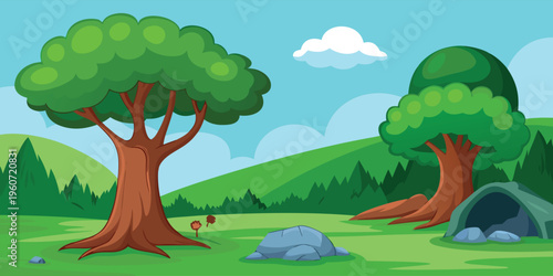 A peaceful cartoon landscape featuring two large green trees and a small cave in the countryside