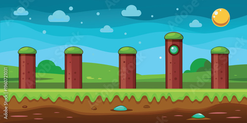 A vibrant cartoon game background featuring rolling green hills and tall brown pipes under a sun