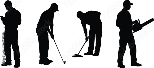 Set of male silhouettes including a worker with a chainsaw, a golfer putting, and a man using a smartphone, isolated on white background.