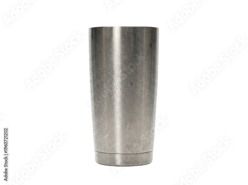 Cold metal cup with wet drops sits very tall and also upright isolated transparent background image