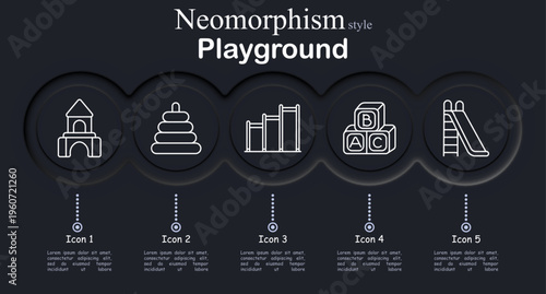 Playground set icon. Neomorphic dark interface circles with line symbols of toy castle tower, stacking rings pyramid, climbing bars frame, alphabet blocks cubes, playground slide ladder