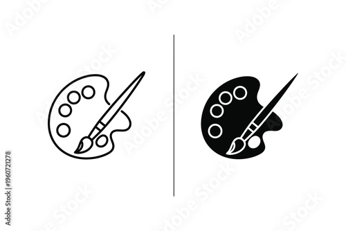 Artist's Paint Palette with Brush Icon in Line and Solid Black Styles for Creativity