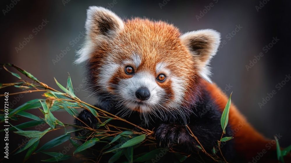 Obraz premium Adorable red panda peeking from a leafy branch, showcasing its curious eyes and furry face.
