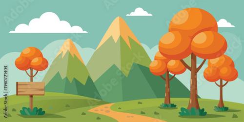 A serene flat illustration featuring a dirt path leading towards majestic mountains and autumn trees