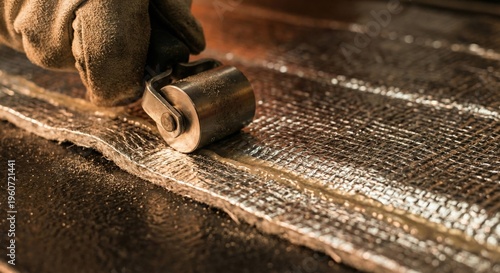 Worker applying heat shield insulation with roller tool