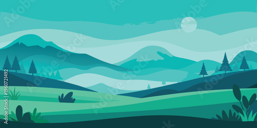 A serene flat vector illustration of rolling hills under a pale moon in shades of turquoise blue