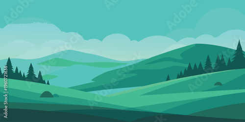 A serene and minimalist digital illustration of a rolling green landscape with pine tree forests