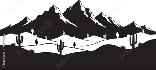 Desert mountain landscape, black silhouette, cactus vector, scenic wilderness