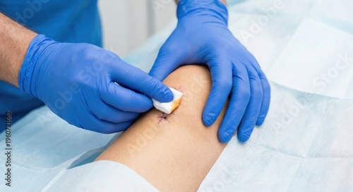 Medical professional cleaning knee incision with antiseptic