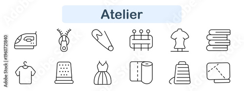 Atelier set icon. Iron, zipper, fabric roll, sewing machine, mannequin, threads, needle tools, clothing items, tailoring equipment, textile work objects, fashion workshop line icons