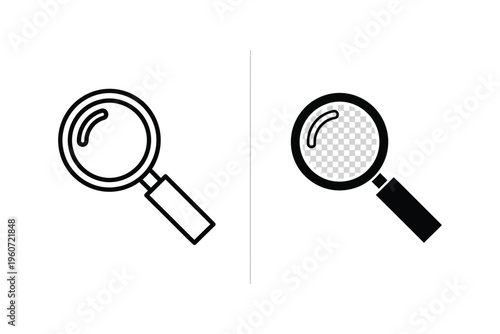 Magnifying Glass Icon: Search, Zoom & Discovery Symbol in Outline and Solid Black Vector