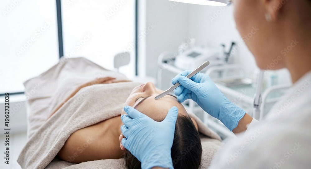 Naklejka premium Dermatologist performing dermaplaning treatment on patient's forehead