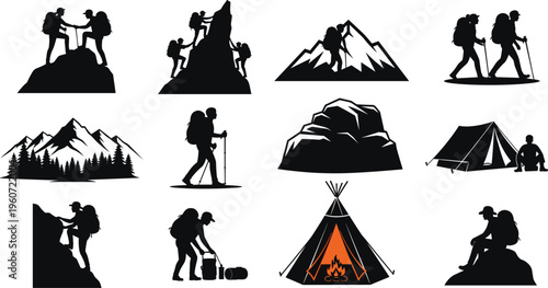 Set of outdoor adventure silhouettes including hiking, mountain climbing, camping with tents, backpacking, and campfire icons for forest and nature travel.