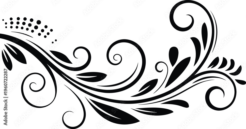 Fototapeta premium Elegant Black Floral Swirl Ornament Vector Design with Decorative Leaves and Curls for Border, Invitation, and Calligraphic Flourish Illustration