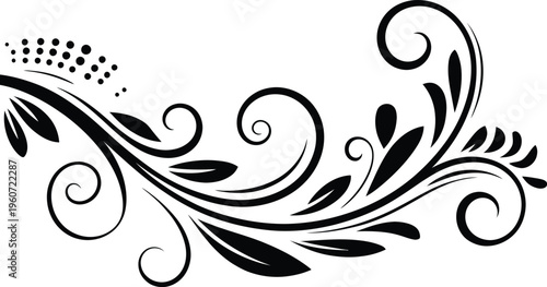 Elegant Black Floral Swirl Ornament Vector Design with Decorative Leaves and Curls for Border, Invitation, and Calligraphic Flourish Illustration