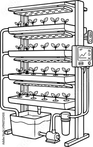 Line art vector of smart indoor vertical farming hydroponic system