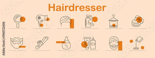 Hairdresser set icon. Line symbols depict mirror tool, hair dryer, hairstyle head, spray bottle, hanger rack, cream jar, beard style, straightener, cosmetic bottle, shampoo tube, male haircut