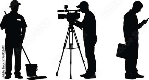 Set of professional silhouettes including cameraman with video camera janitor with mop and businessman with phone isolated on white background