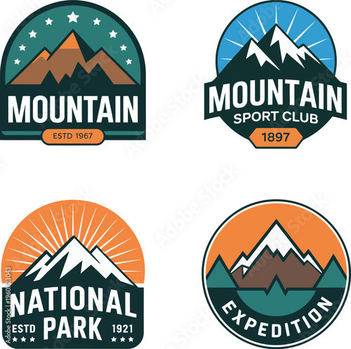 Mountain Adventure Logo Poster, Vintage Outdoor Badge Set Peaks Sunburst Retro Hiking Expedition Illustration Artwork Design Collection
