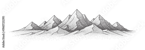 Stippled mountain range landscape in black and white dotwork
