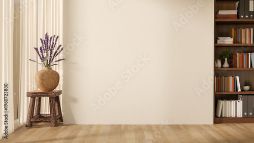 Foto Lavender vase on chair aside window curtain and wooden bookshelf on parquet floo