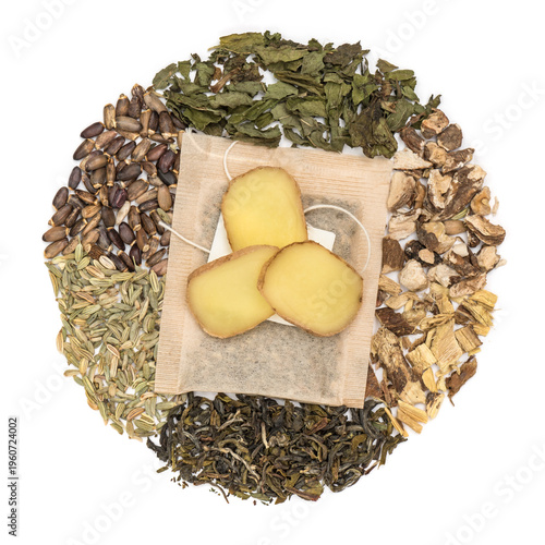 Organic detox tea bag with ingredients isolated on white background, flat lay
