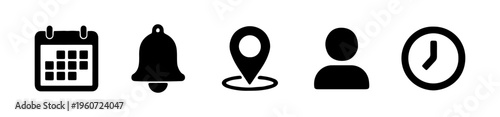 Essential interface icon set, calendar, notification bell, location, user and clock symbols for app and web design, navigation and scheduling vector