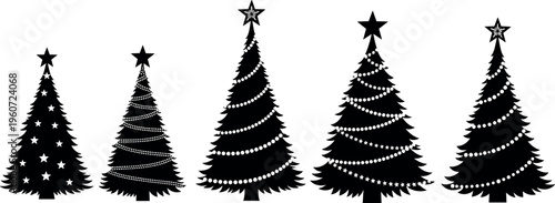  Vector illustration of stylized Christmas trees with stars and ornaments, festive holiday decoration, creative seasonal artwork design