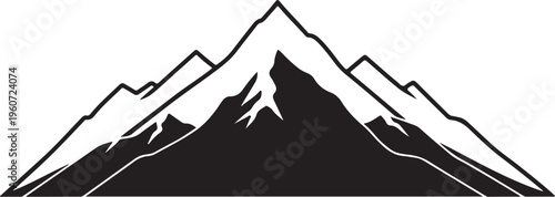 Mountain range silhouette, snow-capped peaks, black outline, vector landscape
