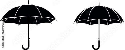 Vector illustration of umbrella silhouettes, curved handles, canopy designs, diverse shapes, modern creative weather protection artwork design