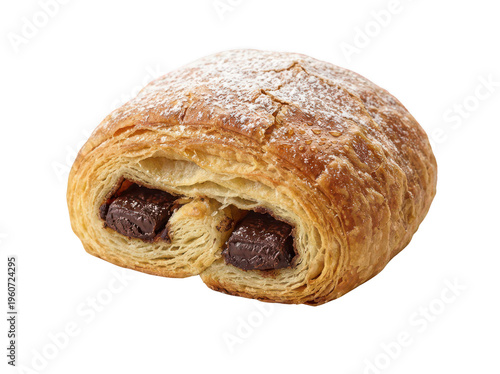 Canvas Print Sweet golden flaky pain au chocolat sits on a soft flat base isolated transparen