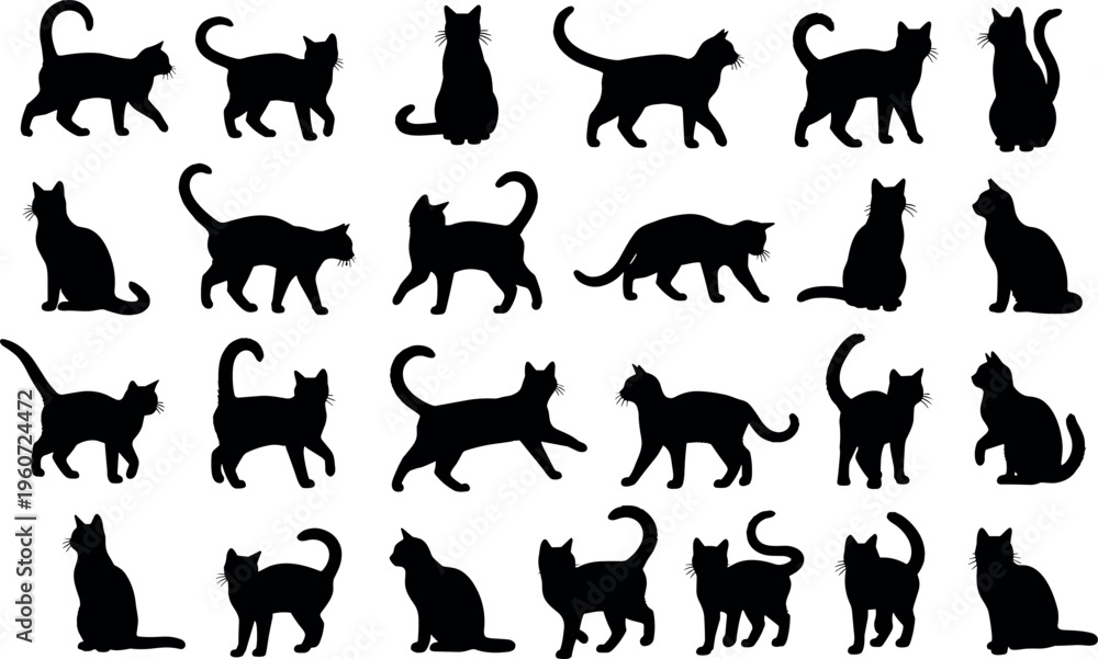 Fototapeta premium Cat silhouette icons vector illustration with black design, feline posture symbol artwork, sitting and walking motion concept element