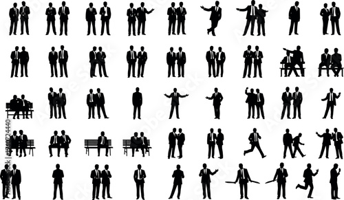 Businesspeople silhouettes vector illustration showing professional poses, talking, walking, sitting, shaking hands, teamwork, corporate design artwork